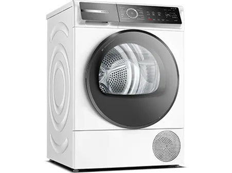 Front-loading white washing machine with a large black circular door and digital control panel on top.