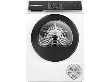 Front view of a modern white front-loading clothes dryer with digital control panel and circular door.