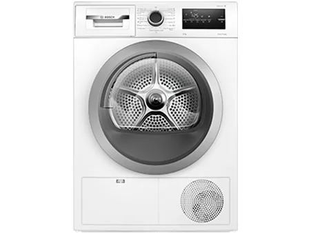 Front view of a white Bosch front-loading clothes dryer with digital display and control knob.