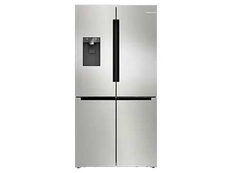 Stainless steel French door refrigerator with water dispenser and ice maker.