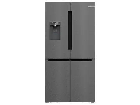 Stainless steel French door refrigerator with water dispenser and ice maker.