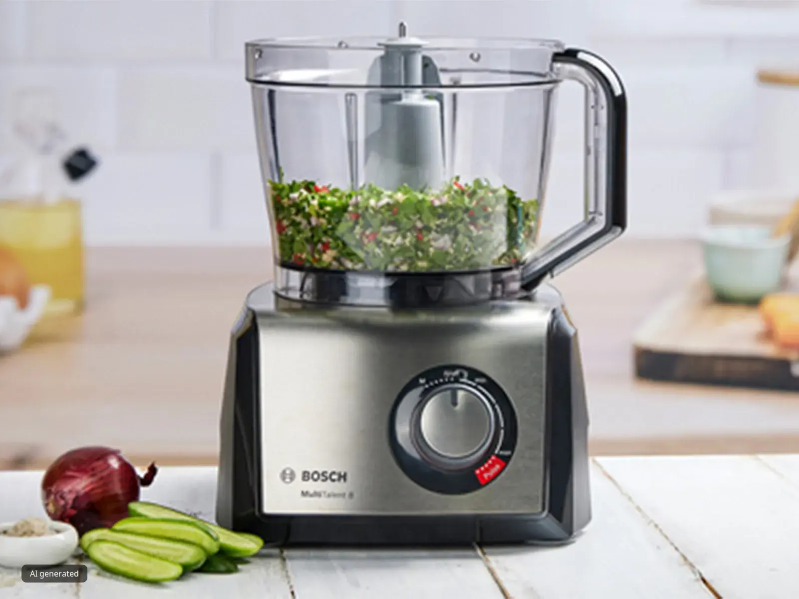 Food processor with fresh vegetables on wooden table.
