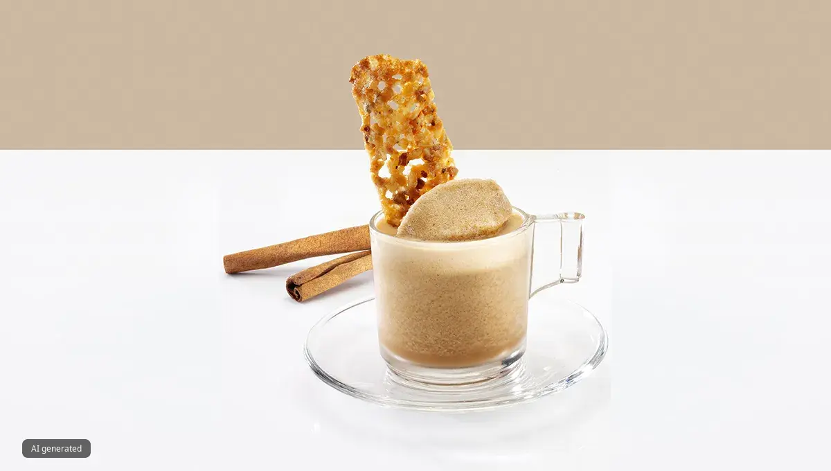 Szklany kubek wypełniony sorbetem espresso na szklanym spodku, udekorowany karmelowym krokantem, obok laski cynamonu.
