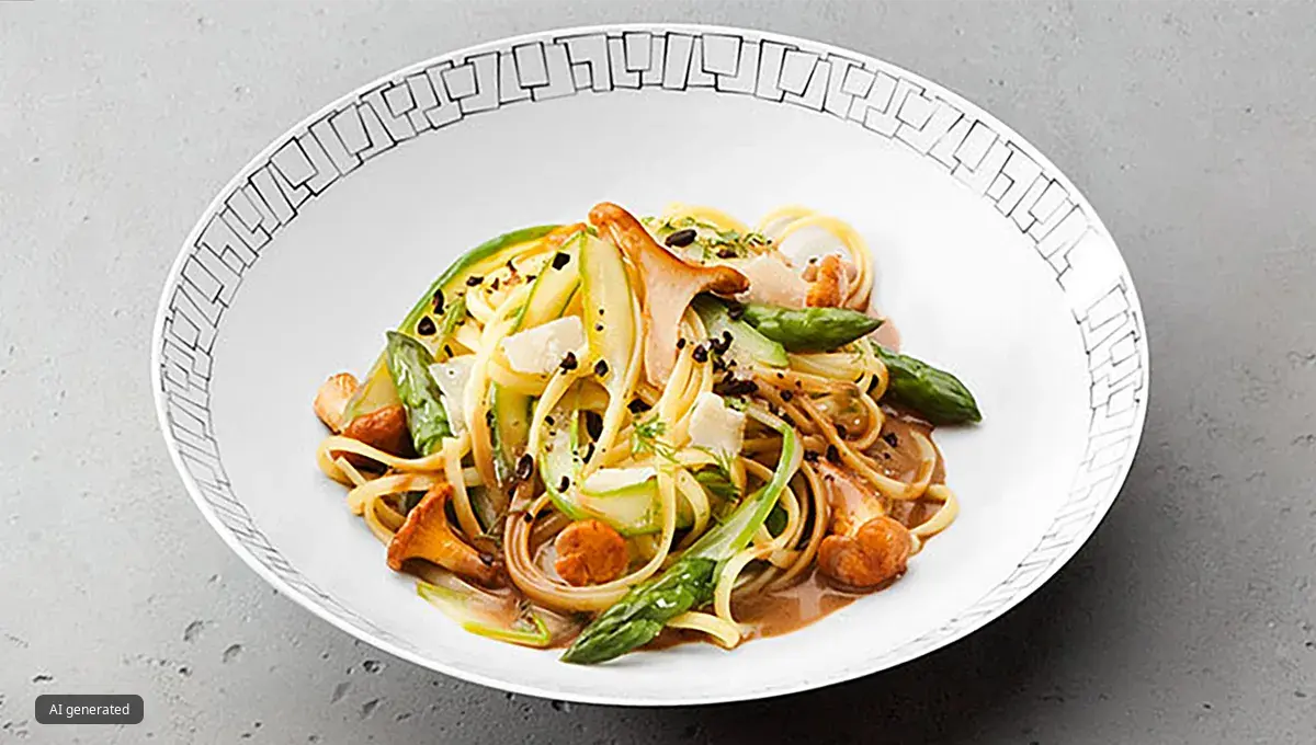 Talerz linguine z grzybami, szparagami i espresso na szarym blacie.