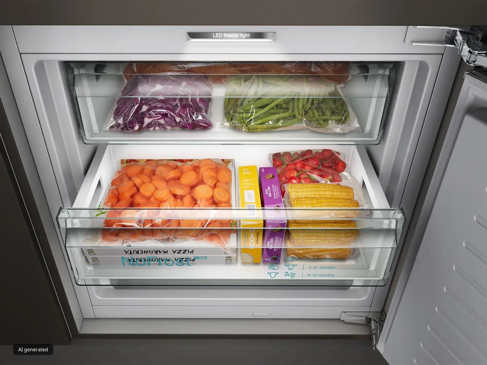 Frigorifero aperto con frutta e verdura fresca, organizzata in appositi contenitori.