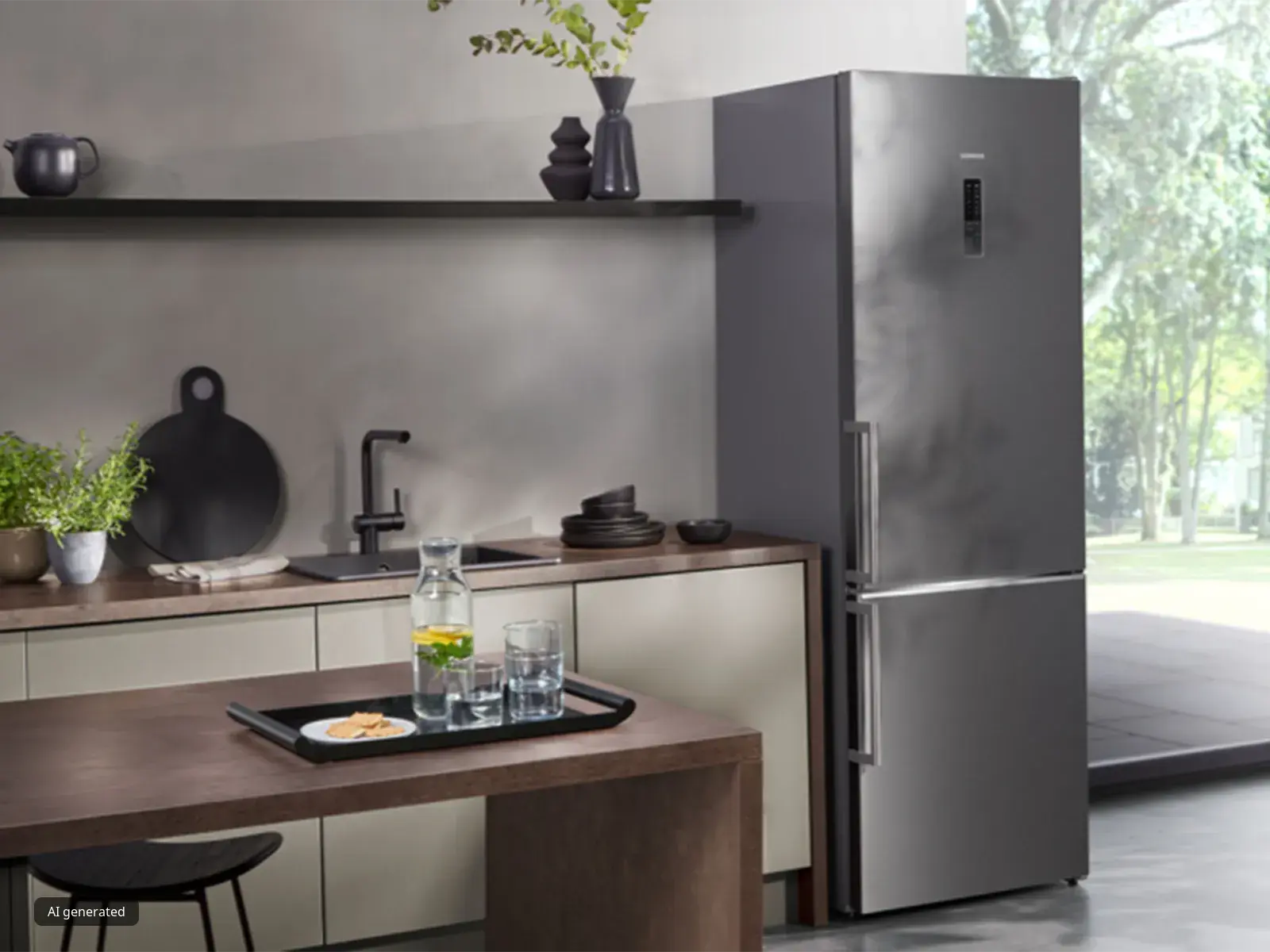 Cucina moderna con elettrodomestici in acciaio inossidabile, mobili in legno e una grande finestra con vista sul verde.
