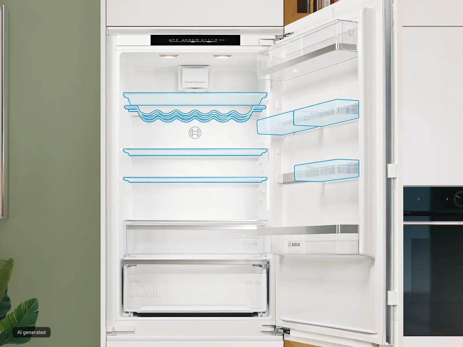 Open white Bosch fridge with empty shelves in a modern kitchen, green wall and abstract artwork.