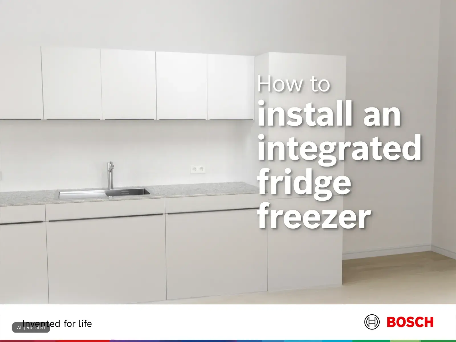 The image shows a modern kitchen with white cabinets and a sink. The text overlay instructs on how to install an integrated fridge freezer.