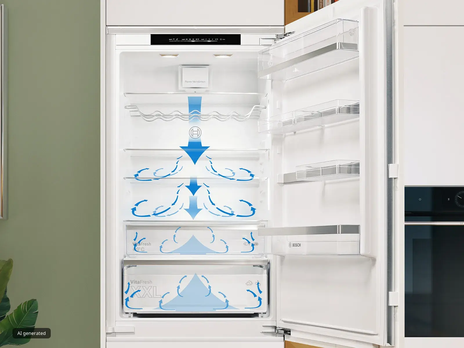 Open white refrigerator with airflow arrows illustrating ventilation and fresh air circulation inside compartments.