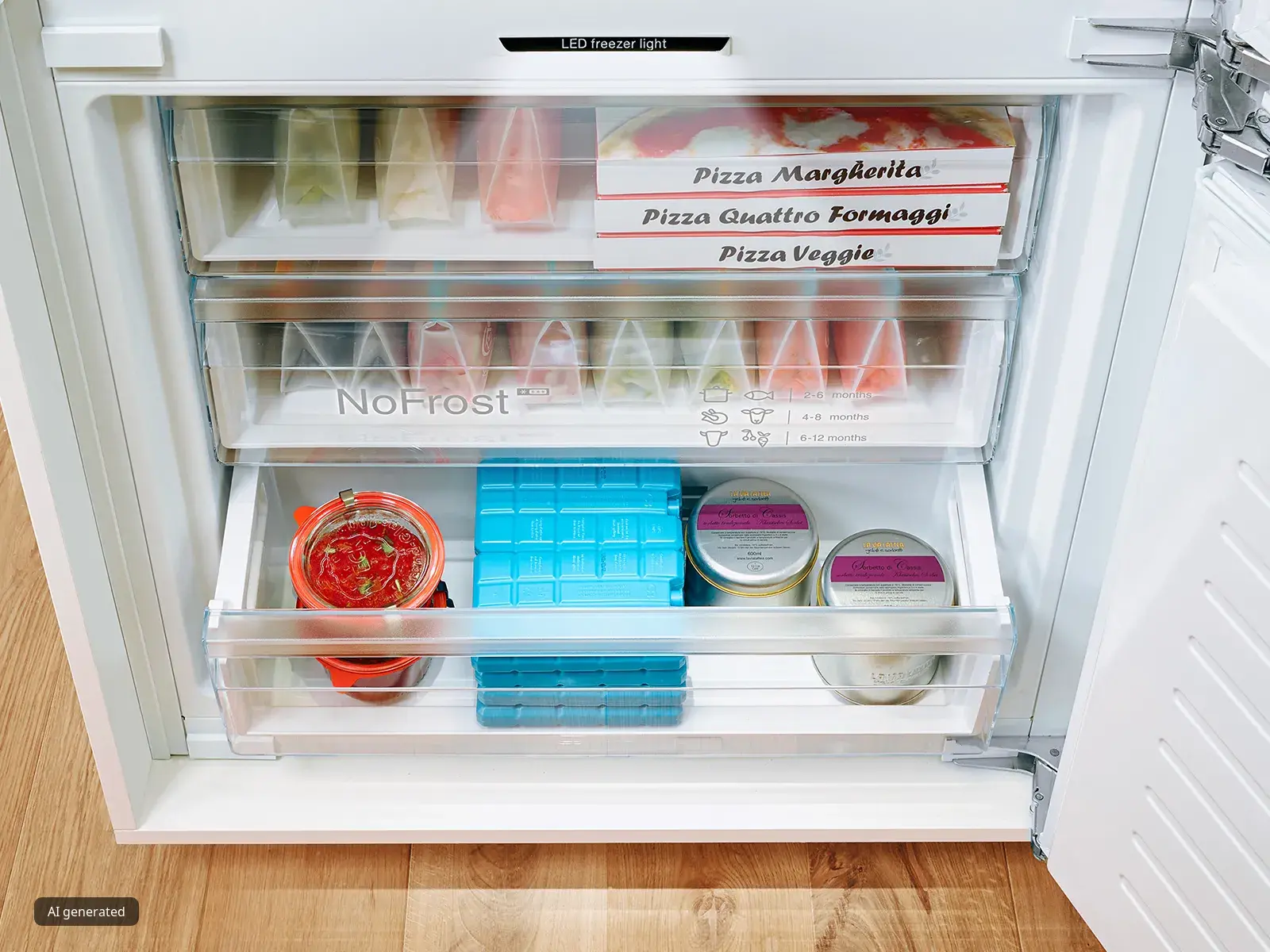 Open refrigerator with various food items, including pizza boxes, containers, and other kitchen supplies.