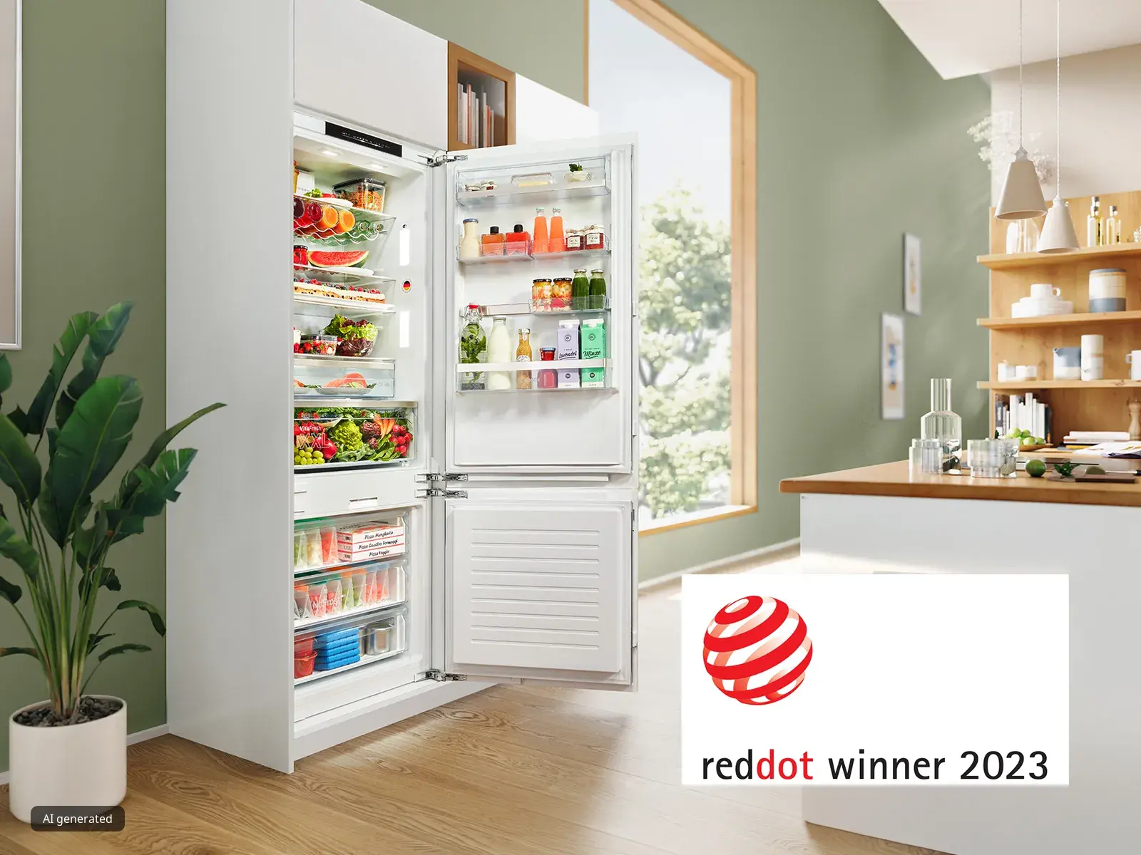 Open refrigerator with various food items, kitchen interior, red dot award 2023 logo.