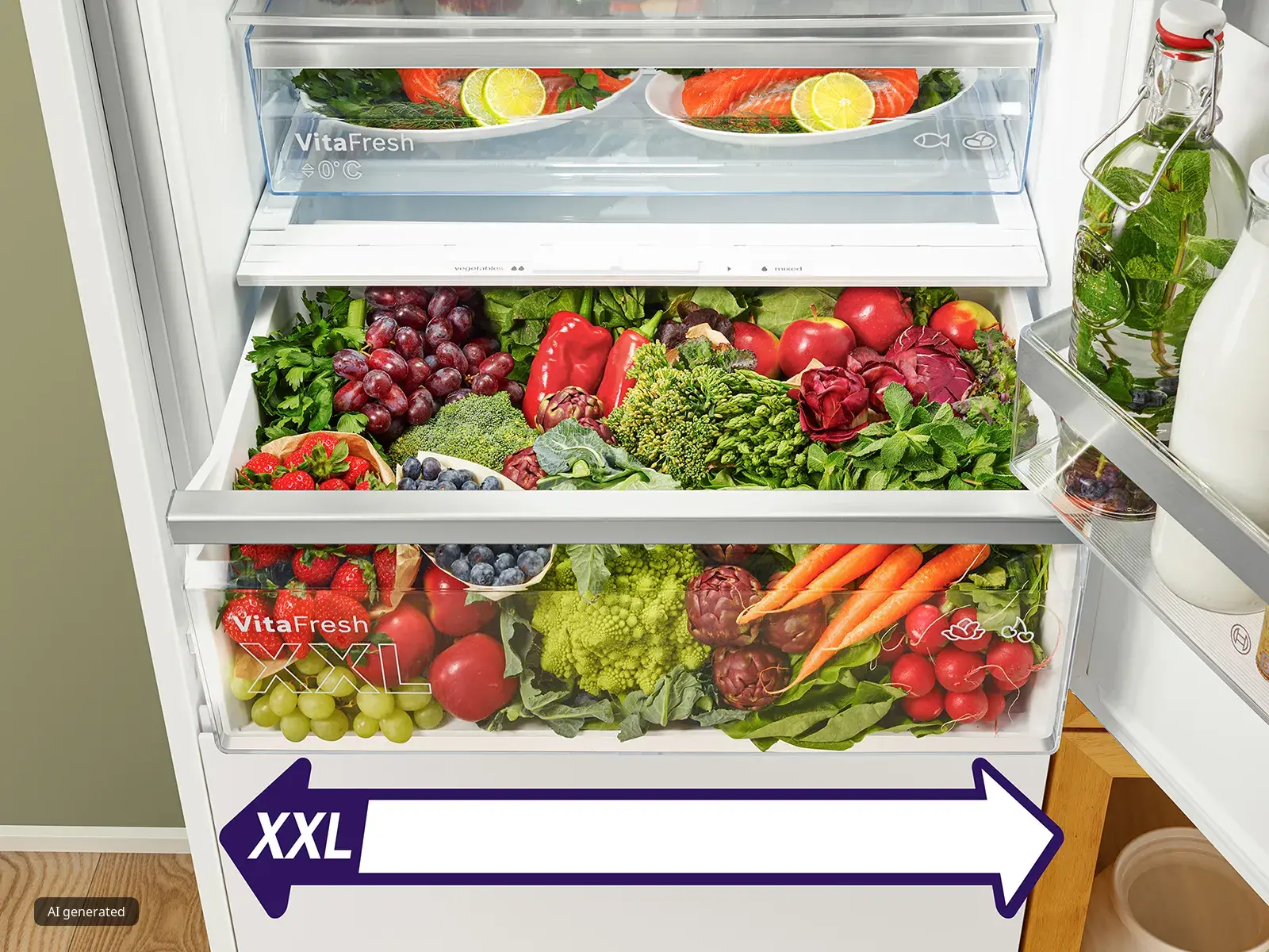 Refrigerator filled with fresh produce - fruits, vegetables, and other healthy food items.
