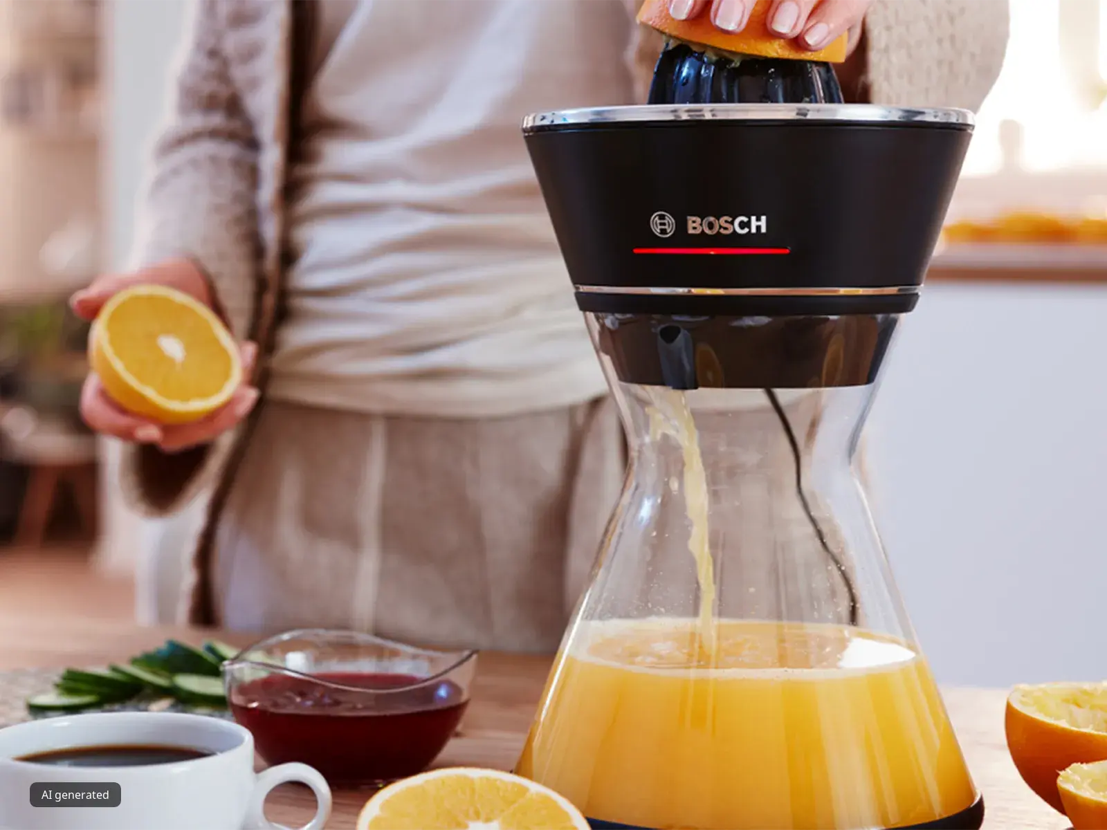 Цитрус пресата Bosch VitaStyle със стъклена кана поставена на кухненски плот.