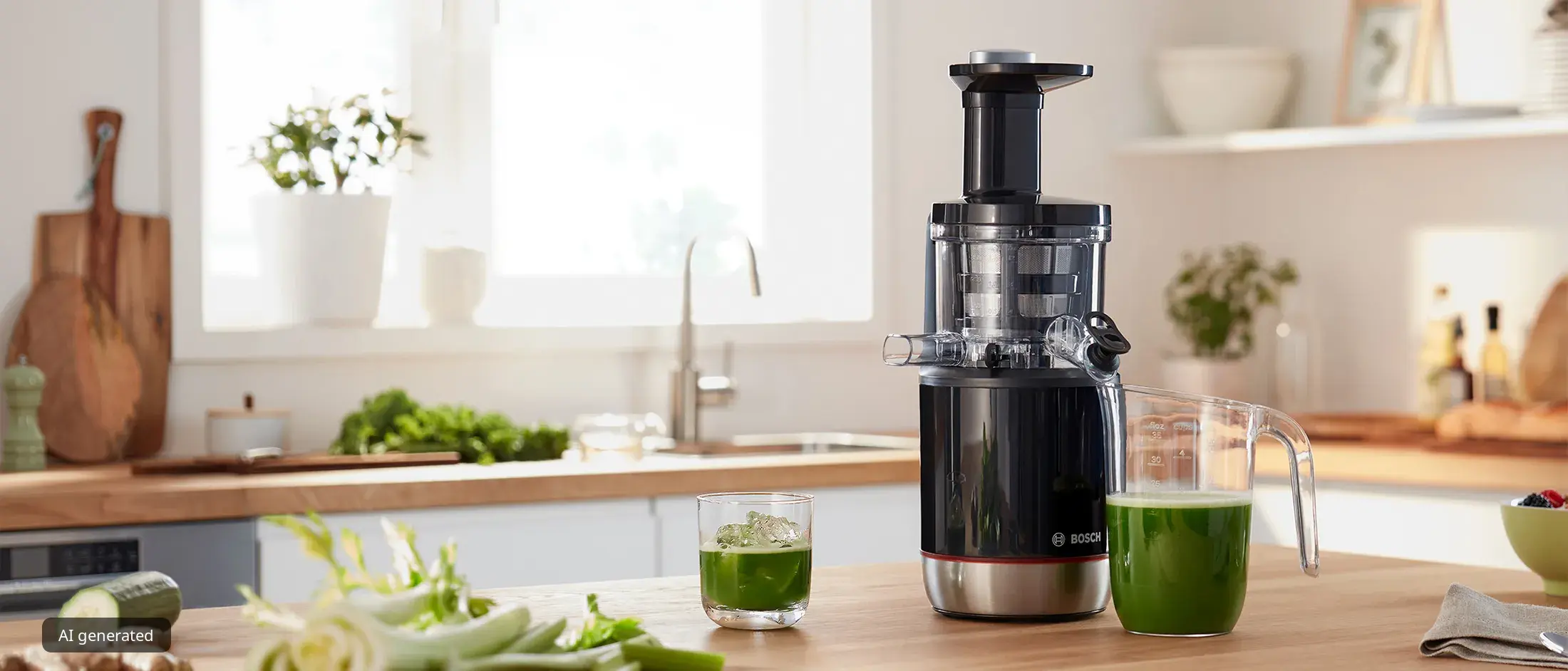 Бавнооборотната сокоизстисквачка Bosch VitaExtract поставена на кухненски плот.