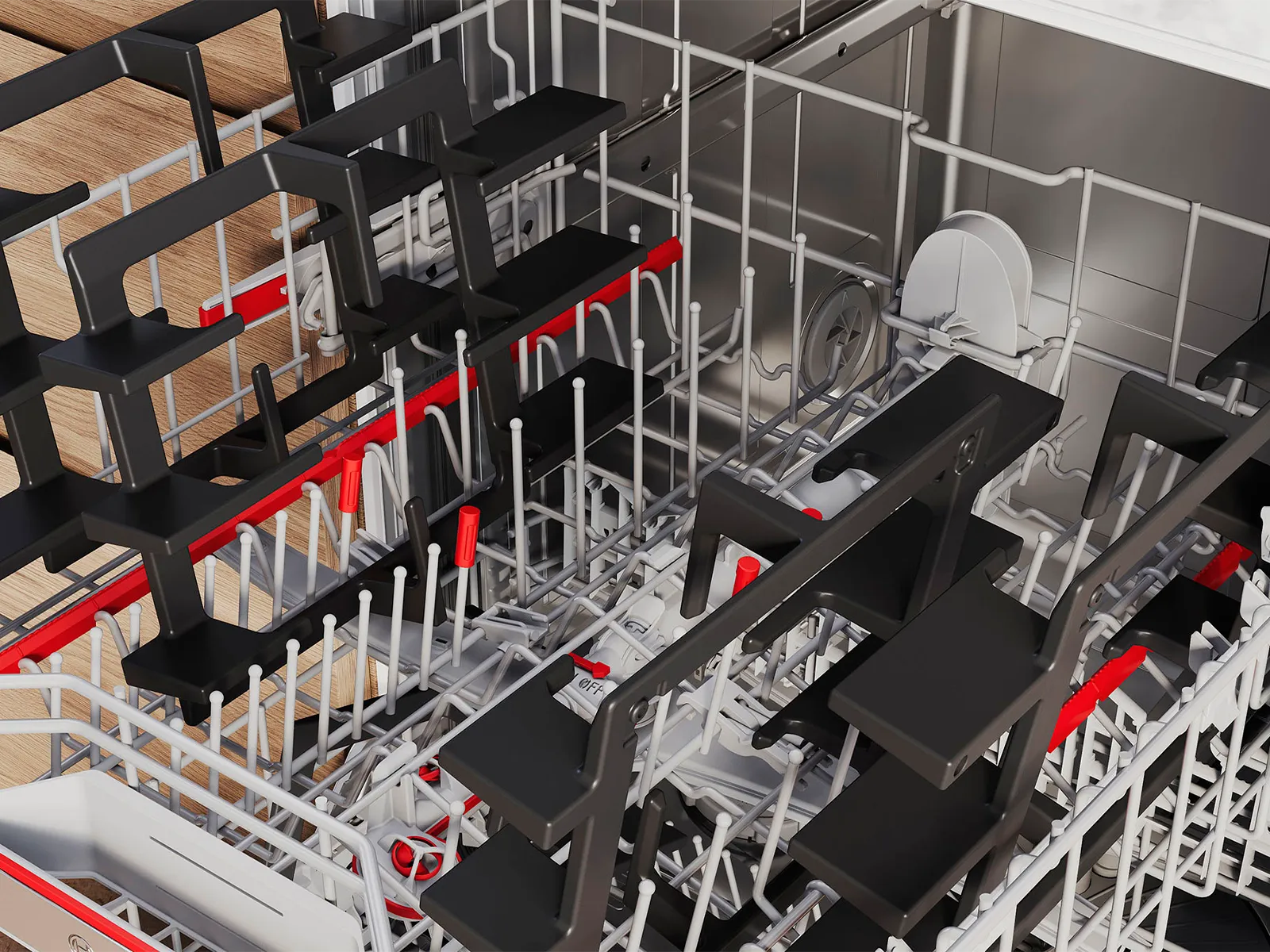 Inside view of an empty dishwasher with multiple racks and compartments designed for various dishware and utensils.