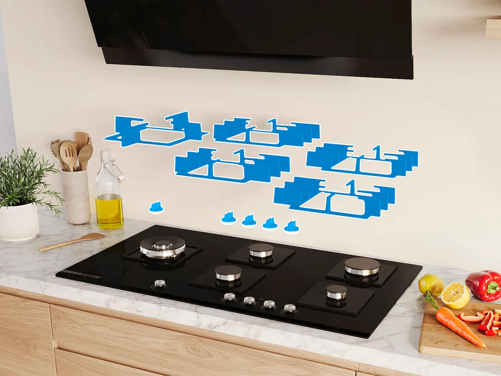 Modern kitchen countertop with black gas stove, utensils, olive oil, potted plant, and cut vegetables on a wooden board.
