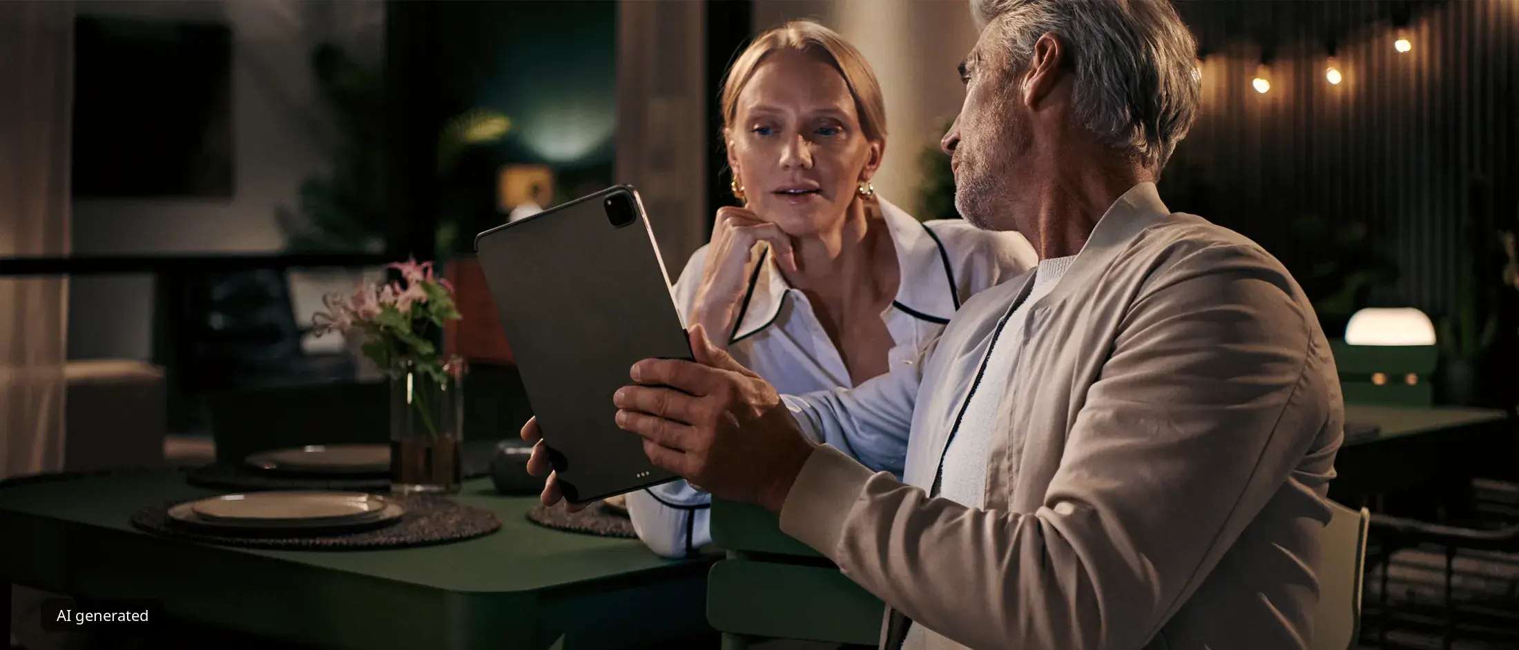 Ein älteres Paar sitzt an einem Tisch in einem schummrigen Restaurant. Die Frau hält ein Tablet und der Mann schaut sie an.