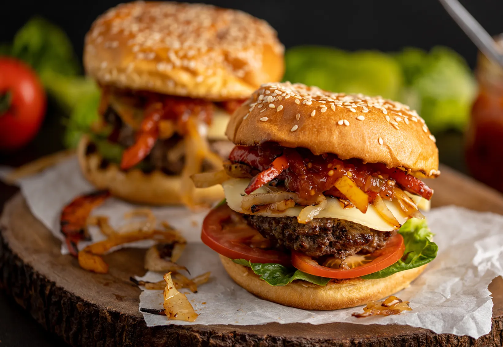 Angus Burger with Fried Sauerkraut, Peppers and Swiss Cheese