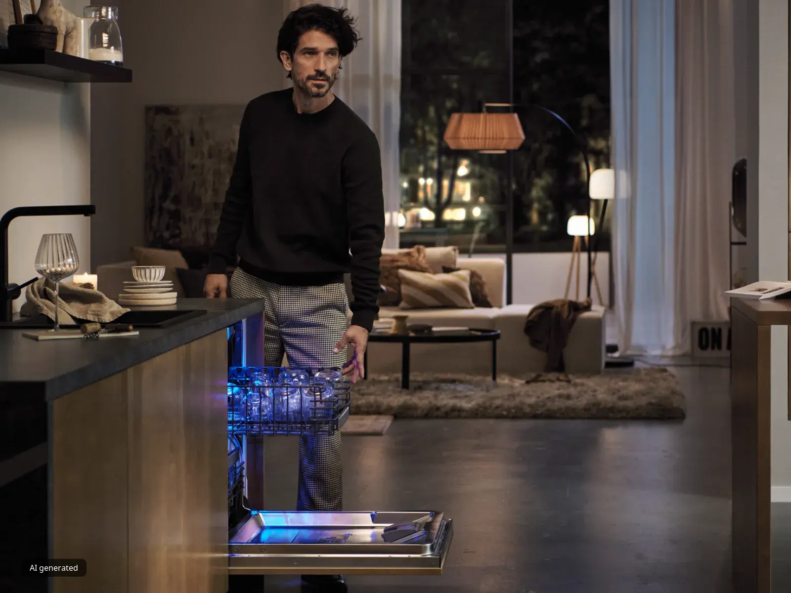 Ein Mann in dunkler Kleidung steht in einem modernen Wohnzimmer mit blau beleuchteten Möbeln.