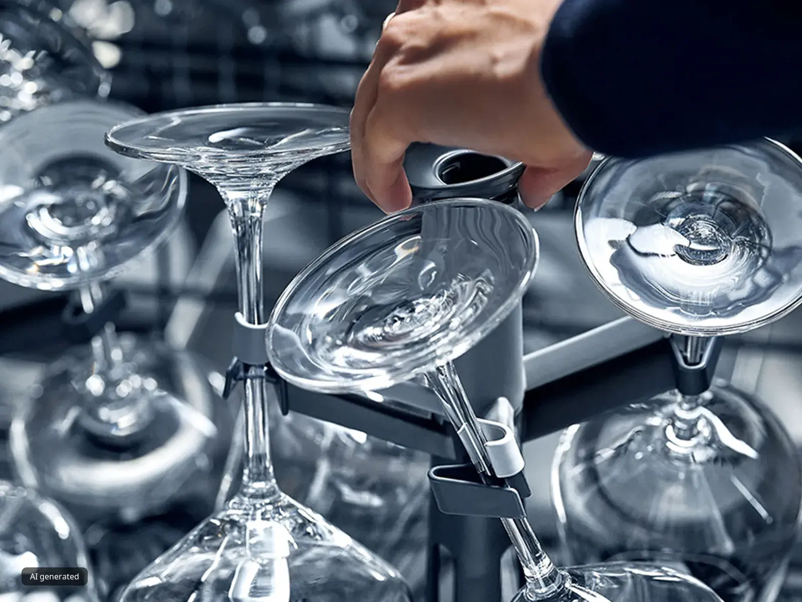 Hands arranging wine glasses on a tray, close-up of glassware in a bar or restaurant setting.