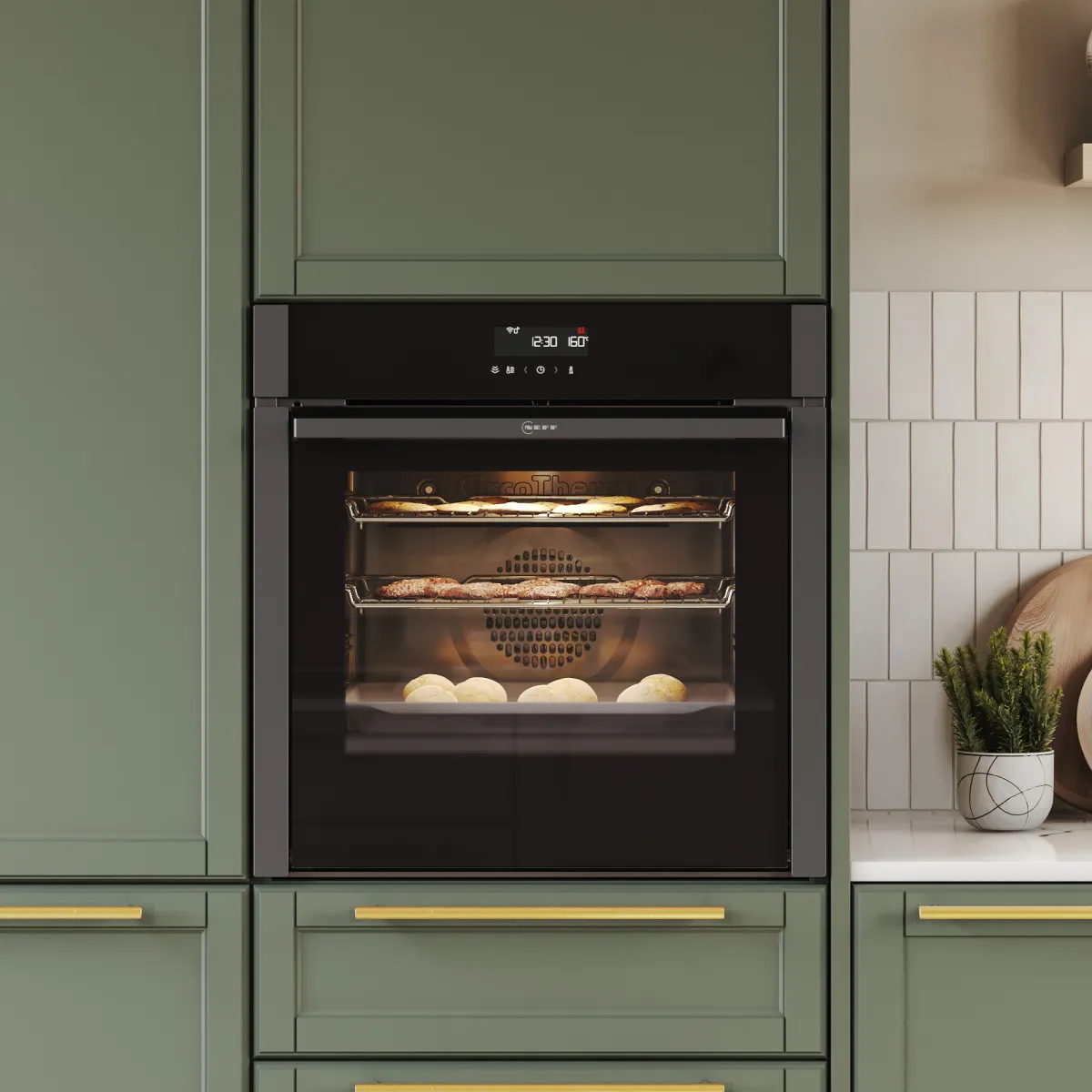 A white baking dish filled with blackberries and a creamy mixture is placed inside a modern oven with a stainless steel handle.