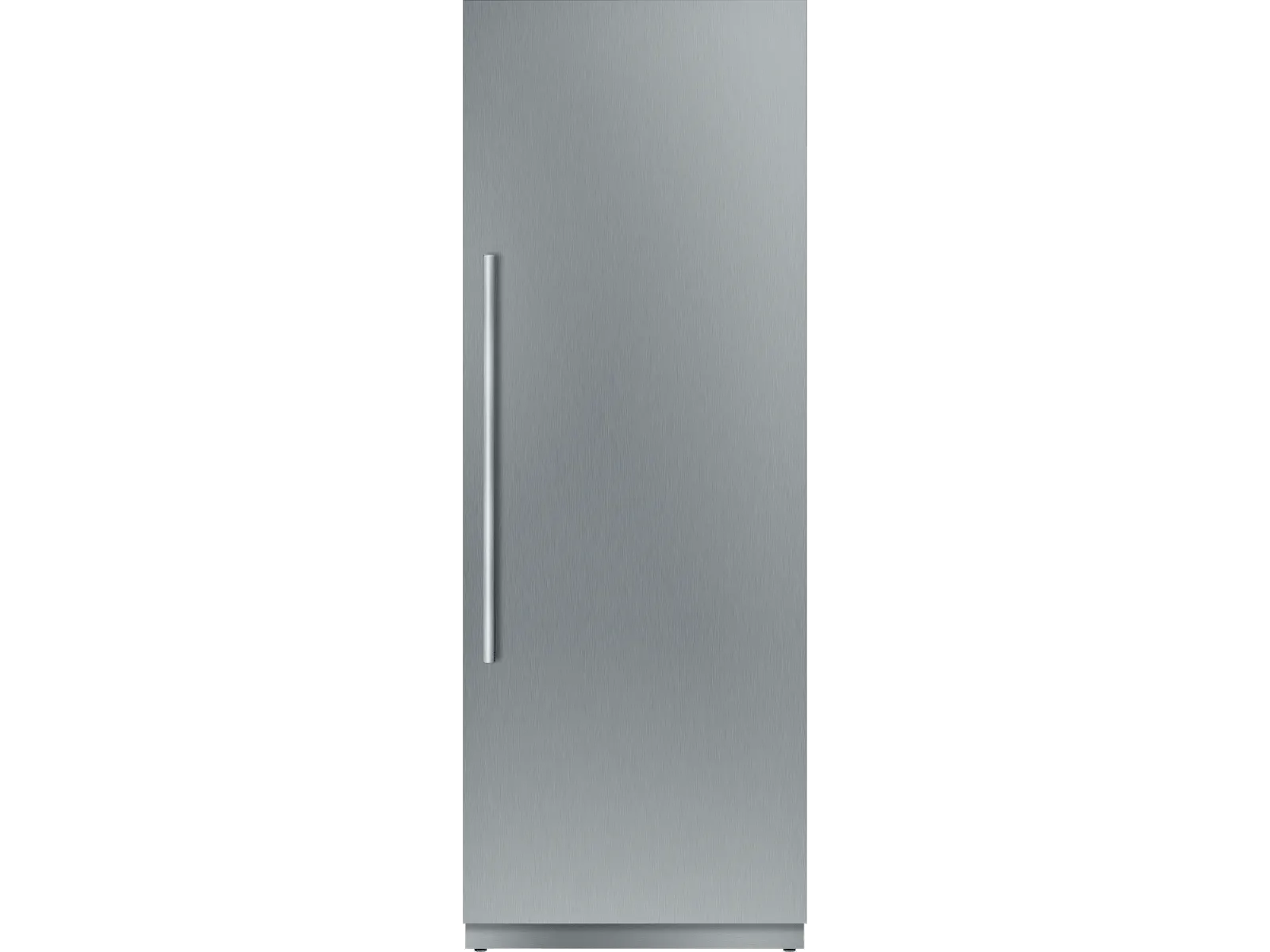 Tall stainless steel refrigerator door with a vertical handle on the left side, featuring a sleek, modern finish.