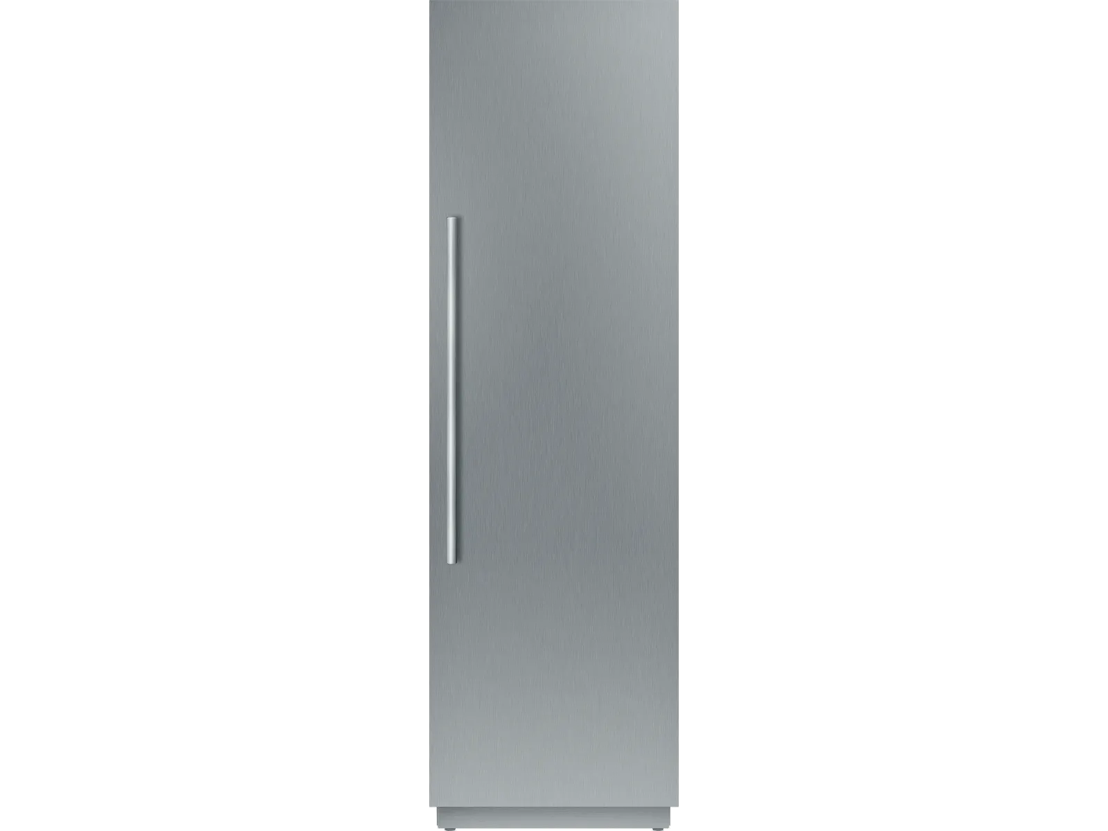 Front view of a closed stainless steel refrigerator with a vertical handle on the left side.
