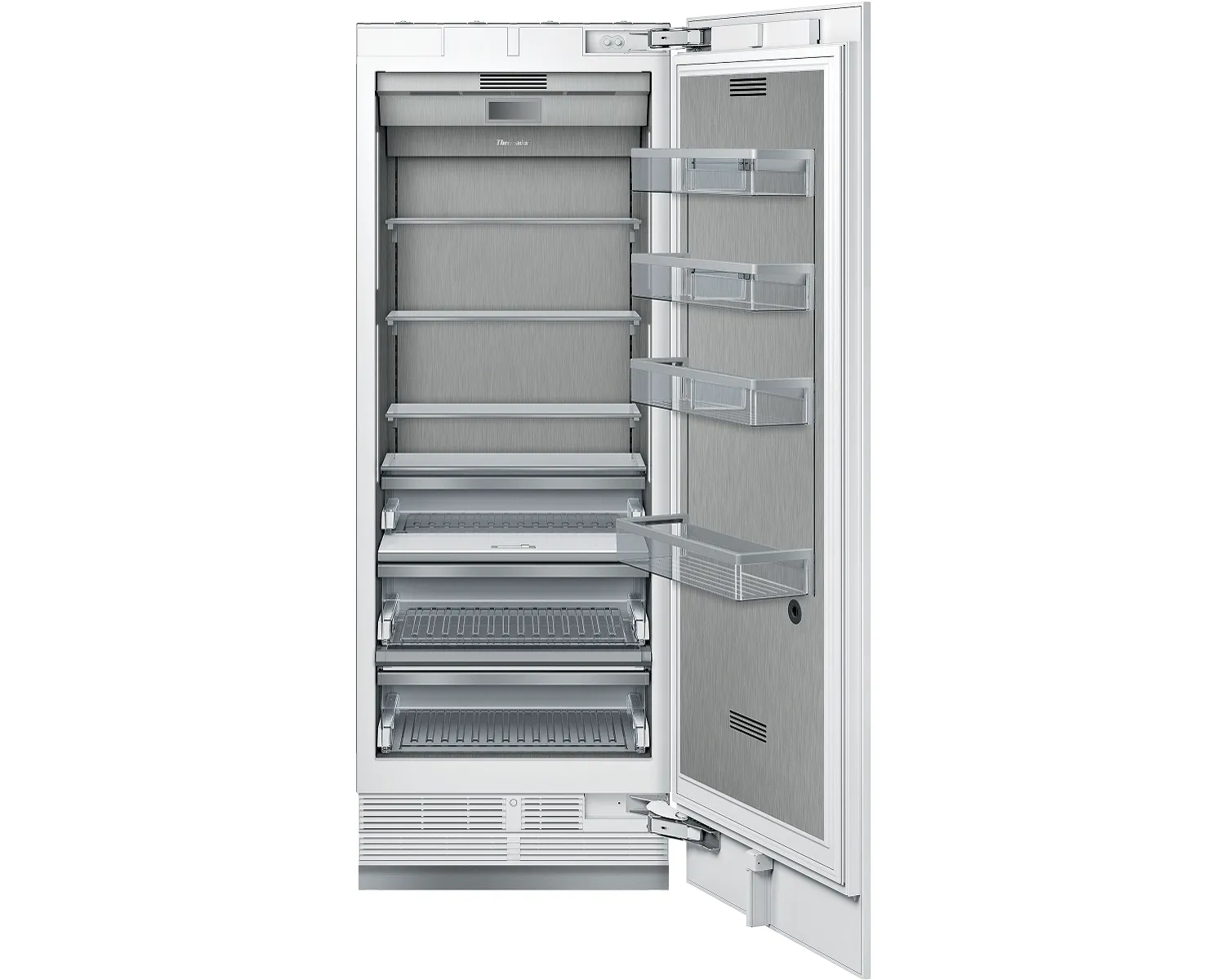 Open built-in refrigerator with multiple empty shelves and door compartments in a modern, sleek design.