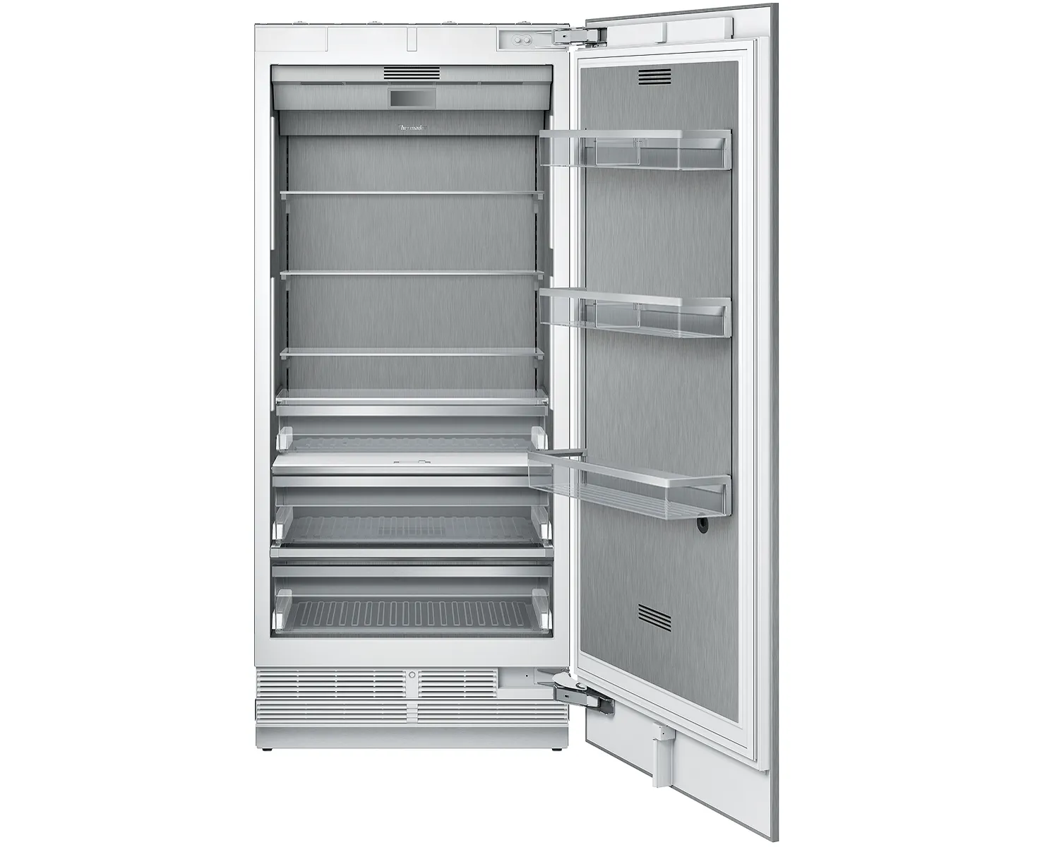 Open empty built-in refrigerator with glass shelves and door compartments in a modern kitchen appliance design.