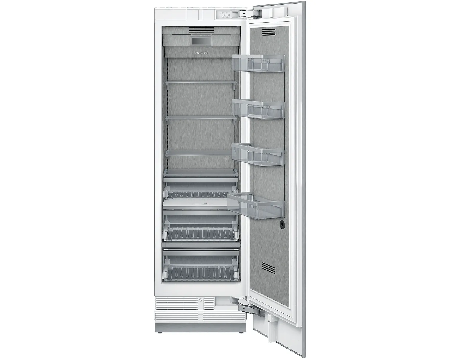Open, empty tall white refrigerator with multiple shelves and door compartments visible.