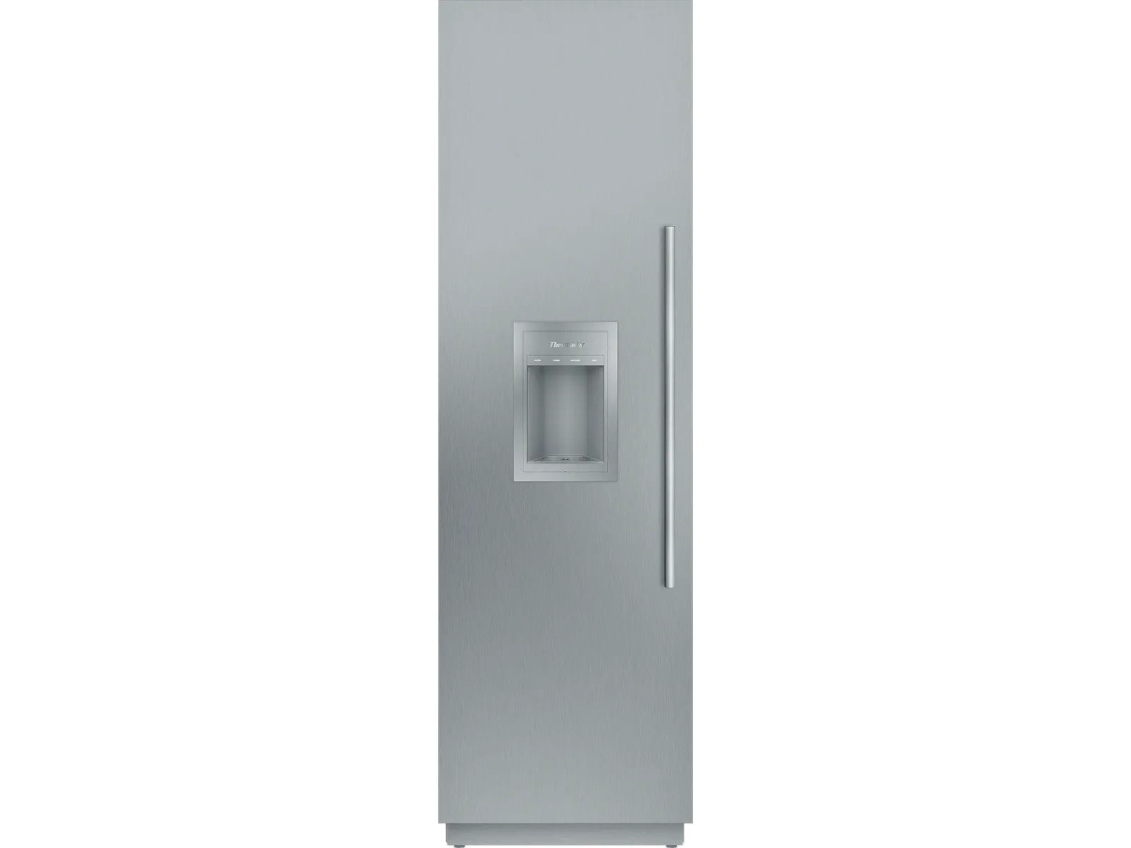 Side view of a stainless steel refrigerator door with a built-in water and ice dispenser.
