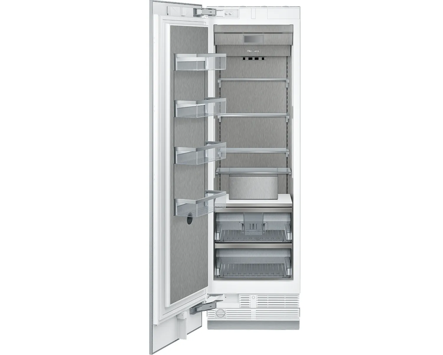 Tall built-in refrigerator with the door open to the left, showing a brushed‑metal interior with four clear door bins, several adjustable glass shelves, a small control panel at the top rear, a shallow shelf above two pull‑out drawers near the bottom, and a ventilation grille along the base.
