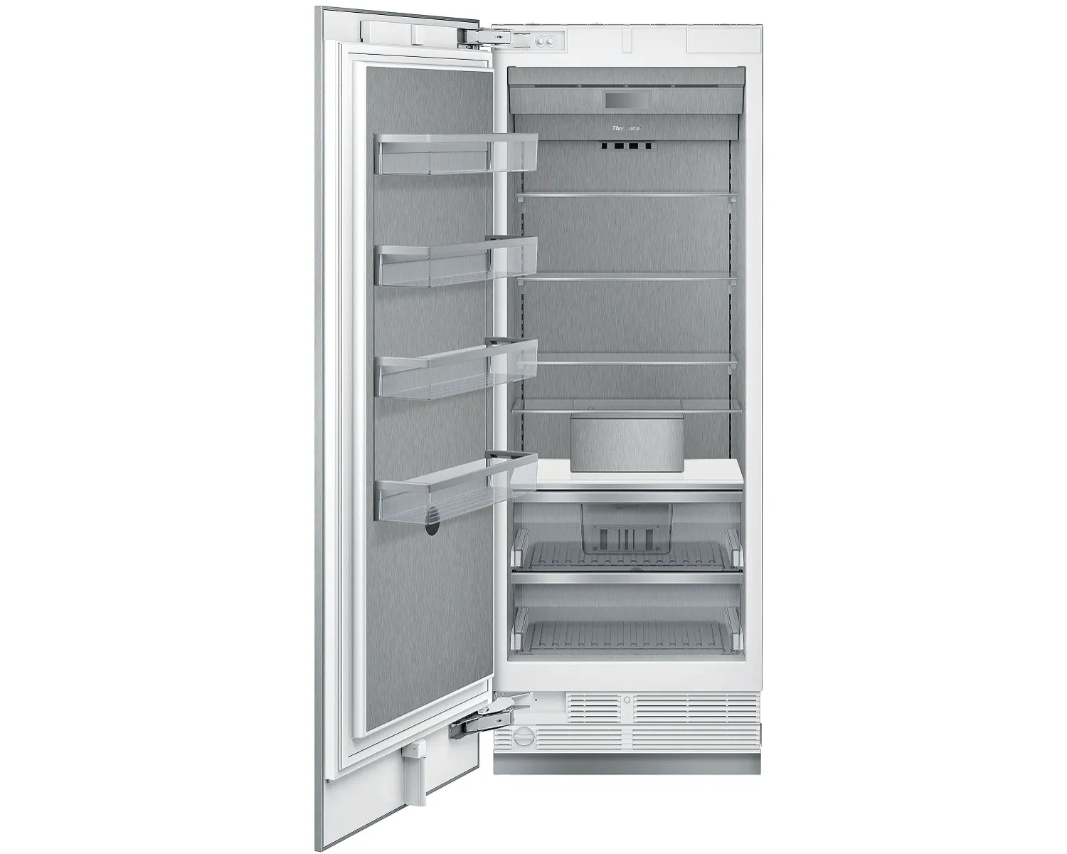 Open built-in refrigerator with door open to the left, showing a stainless-steel interior with four clear door bins on the door, multiple adjustable glass shelves, a small control panel at the top rear, a shallow shelf above two pull-out drawers at the bottom, and a ventilation grille along the base.