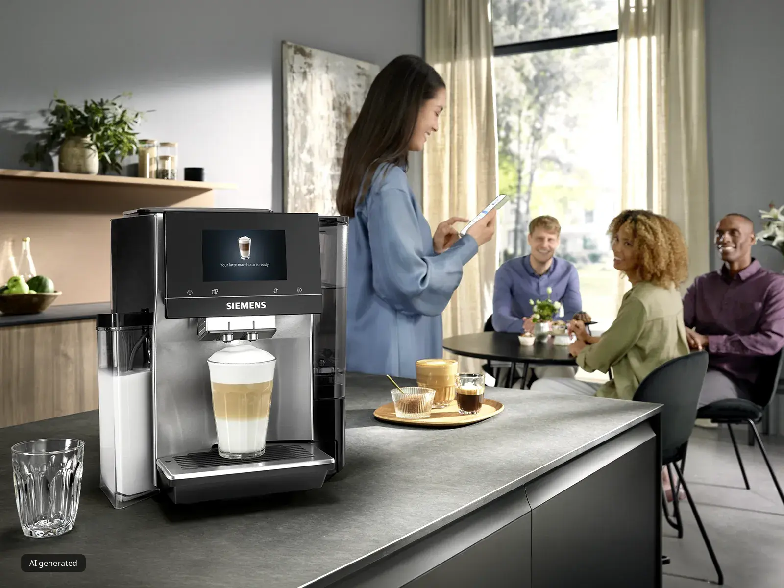 Kobieta przygotowująca latte za pomocą aplikacji Siemens Home Connect na smartfonie, stojąca obok w pełni automatycznego ekspresu do kawy Siemens, z trzema osobami w tle.