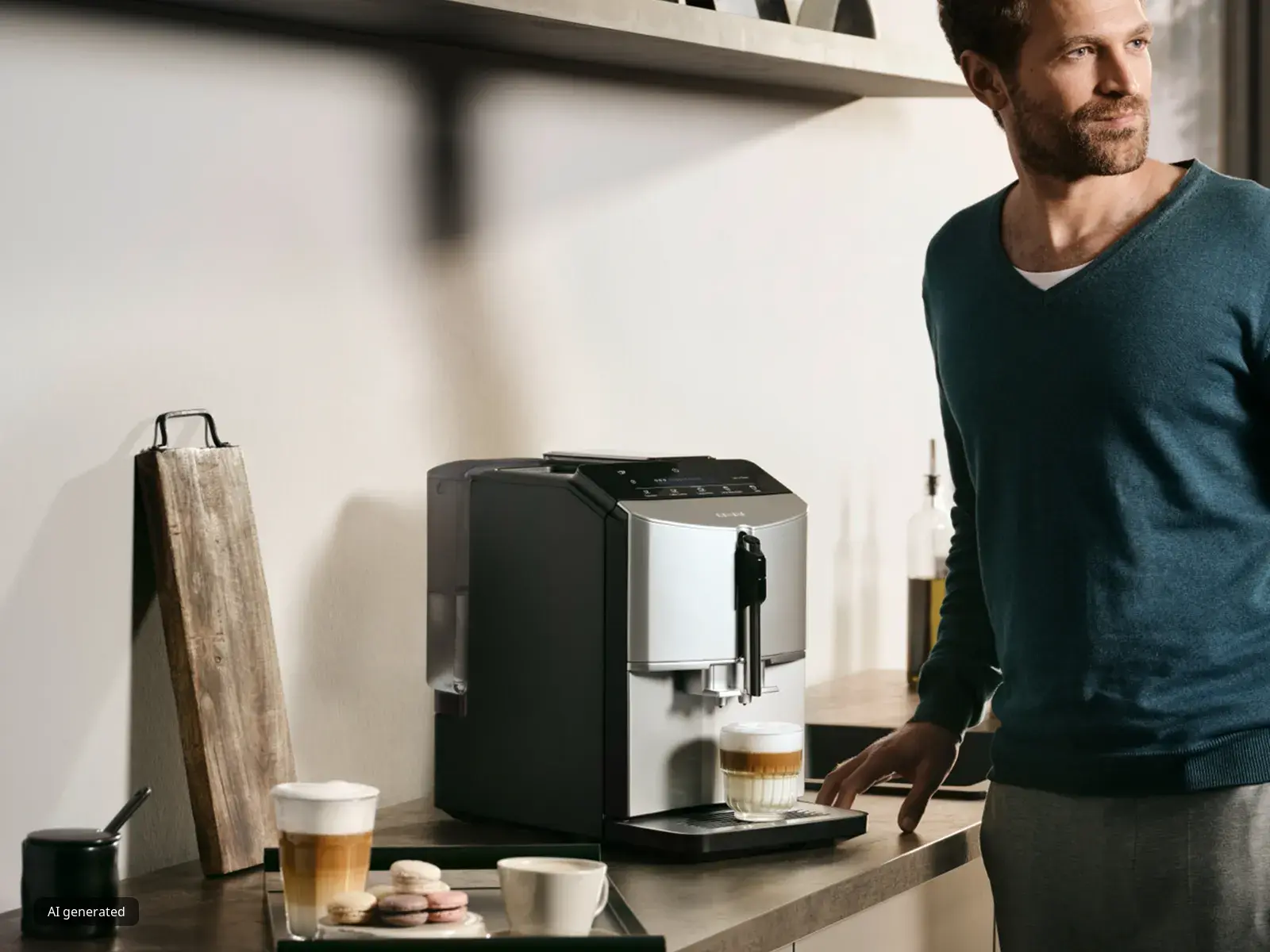 40-letni mężczyzna stoi przy w pełni automatycznym ekspresie do kawy Siemens na kuchennym blacie, z filiżanką kawy.