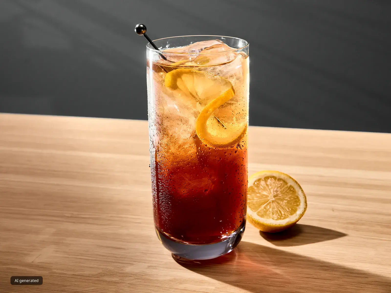 Espresso Tonic w wysokiej szklance z lodem i plasterkiem cytryny, ustawiony na drewnianej powierzchni na ciemnym tle.