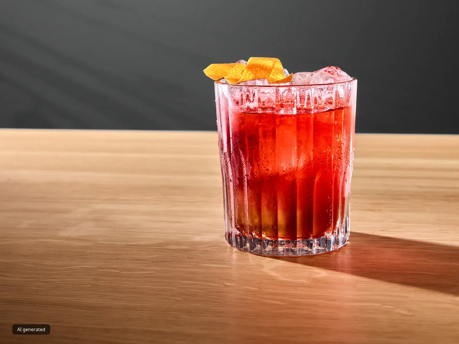 Negroni espresso w szklance typu tumbler, z lodem i dekoracją ze skórki pomarańczy, ustawiony na drewnianej powierzchni na ciemnym tle.
