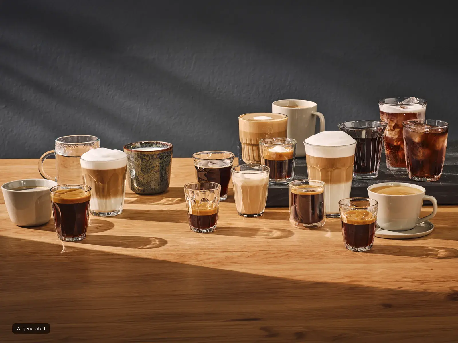 Różnorodne napoje kawowe prezentowane na drewnianym blacie, w tym latte, espresso, cappuccino, flat white, Americano oraz kawa cold brew.