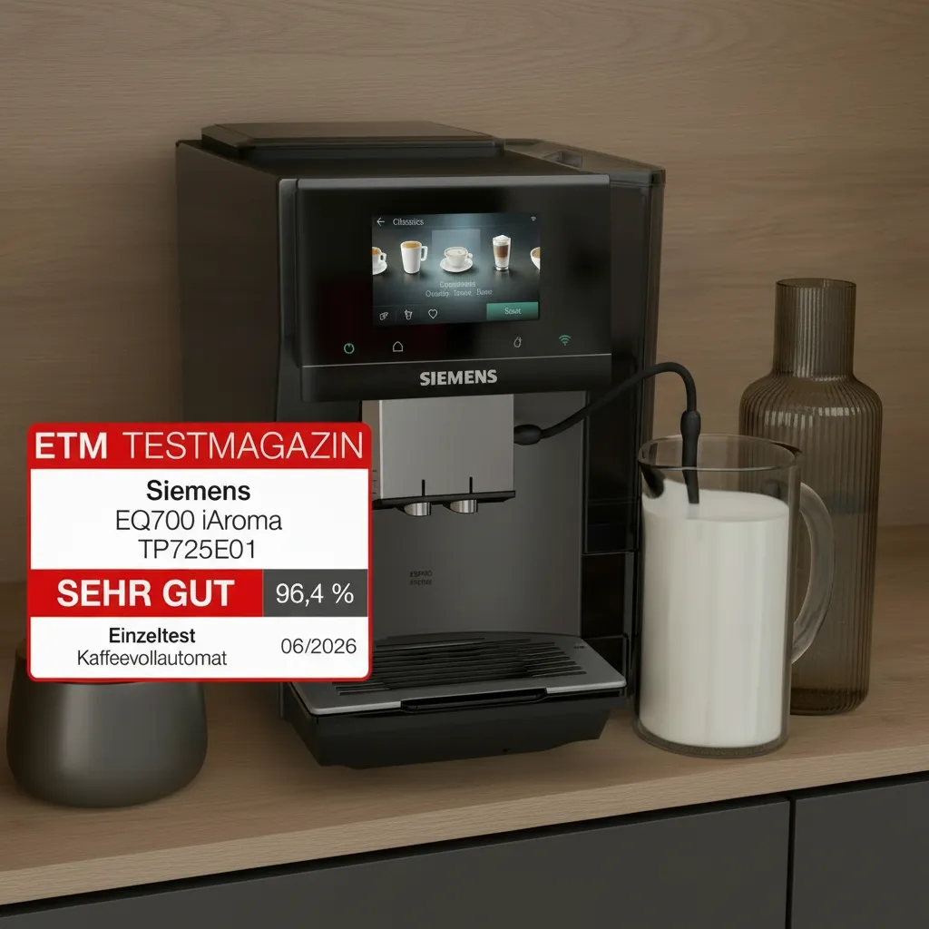 Siemens Kaffeemaschine mit Milchcontainer steht auf einer Theke. Unten links ist das ETM Testsieger Siegel abgebildet.