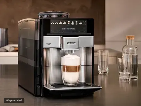 A freshly poured Latte Macchiato under the dispenser of an EQ6 plus coffee machine.