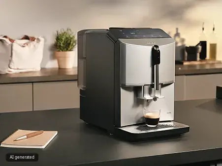 A Siemens EQ300 fully automatic espresso machine on a grey kitchen counter.
