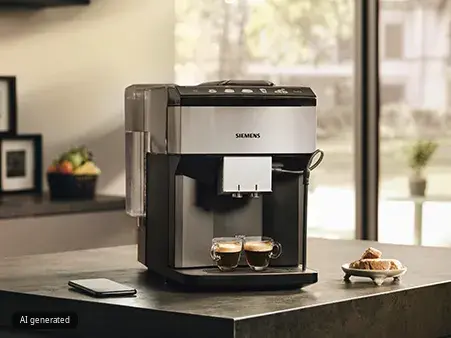 A Siemens EQ500 fully automatic espresso machine with two espressos under the dispenser.