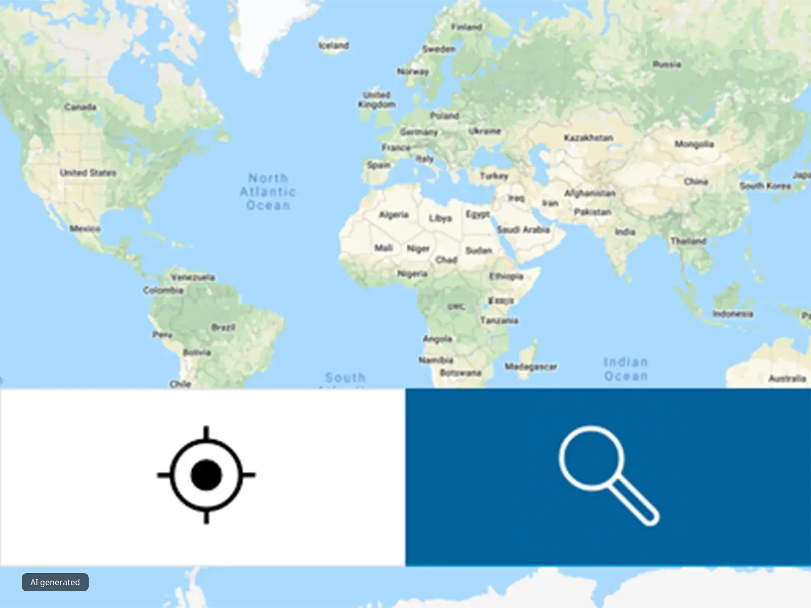 World map with search and location icons.