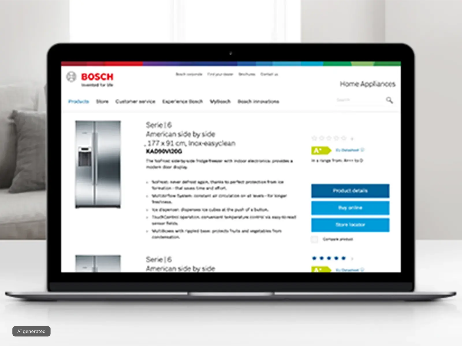 Laptop som visar Bosch vitvaruwebbplats med produktdetaljer och köpalternativ.