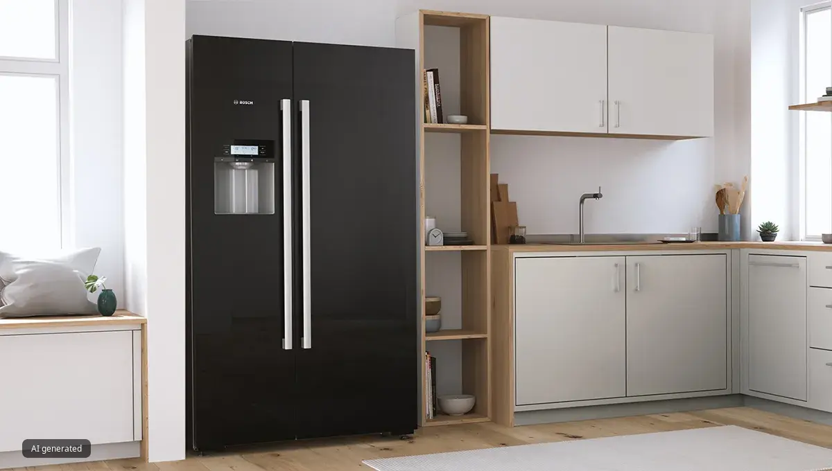 Svart fristående Bosch-kylskåp med två stora dörrar i ett ljust modernt kök.
