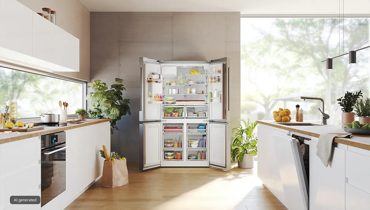 Öppet kylskåp med olika livsmedel, inklusive frukt, grönsaker och förpackade varor.