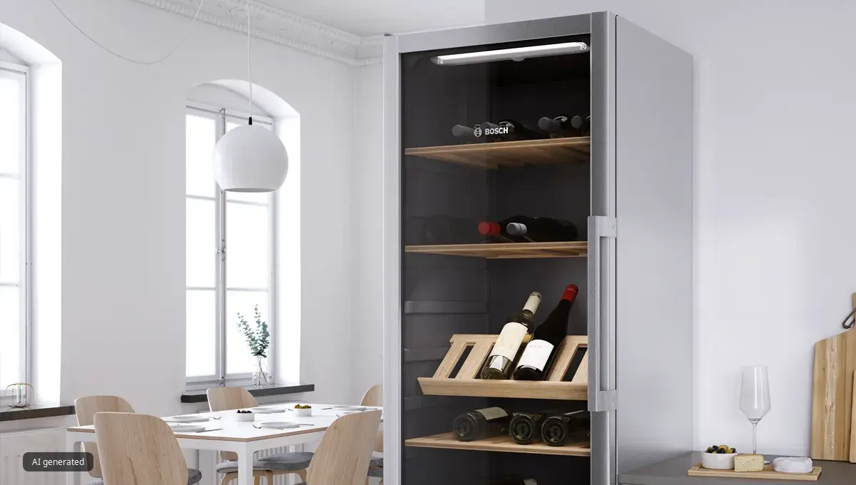 Minimalistiskt vardagsrum med matbord i trä, svart bokhylla och stort fönster.