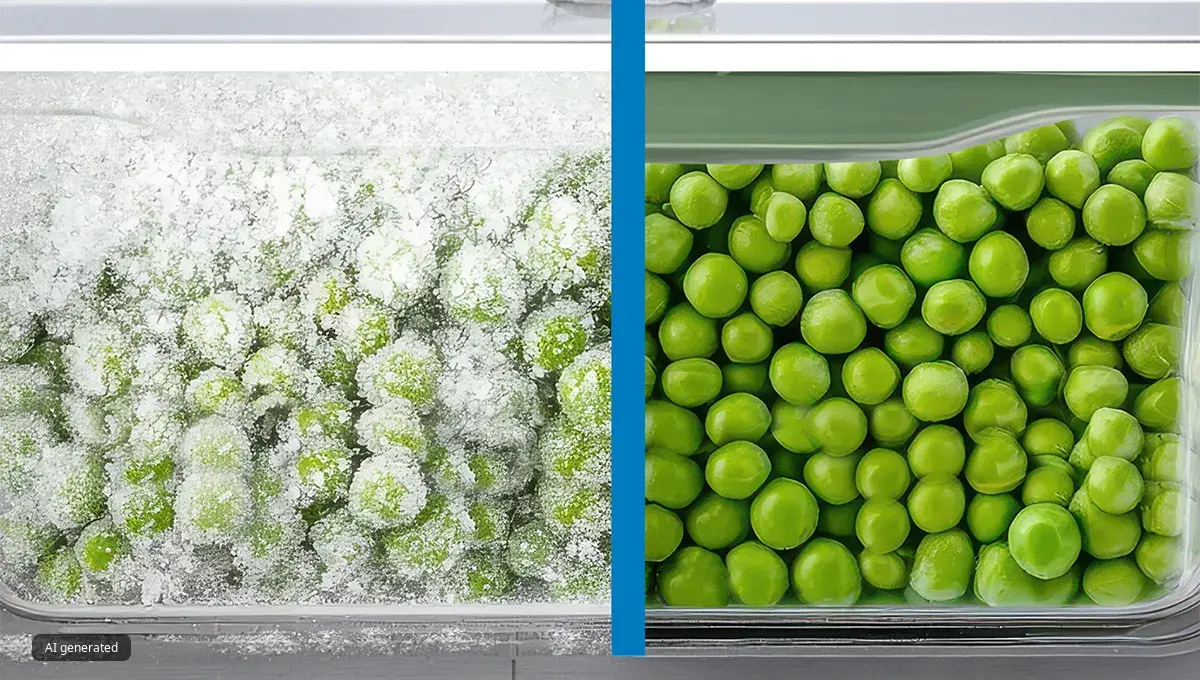 Från vänster till höger: färsk persilja i ett glas, frysta ärtor täckta med frost och tinade gröna ärtor i behållare.