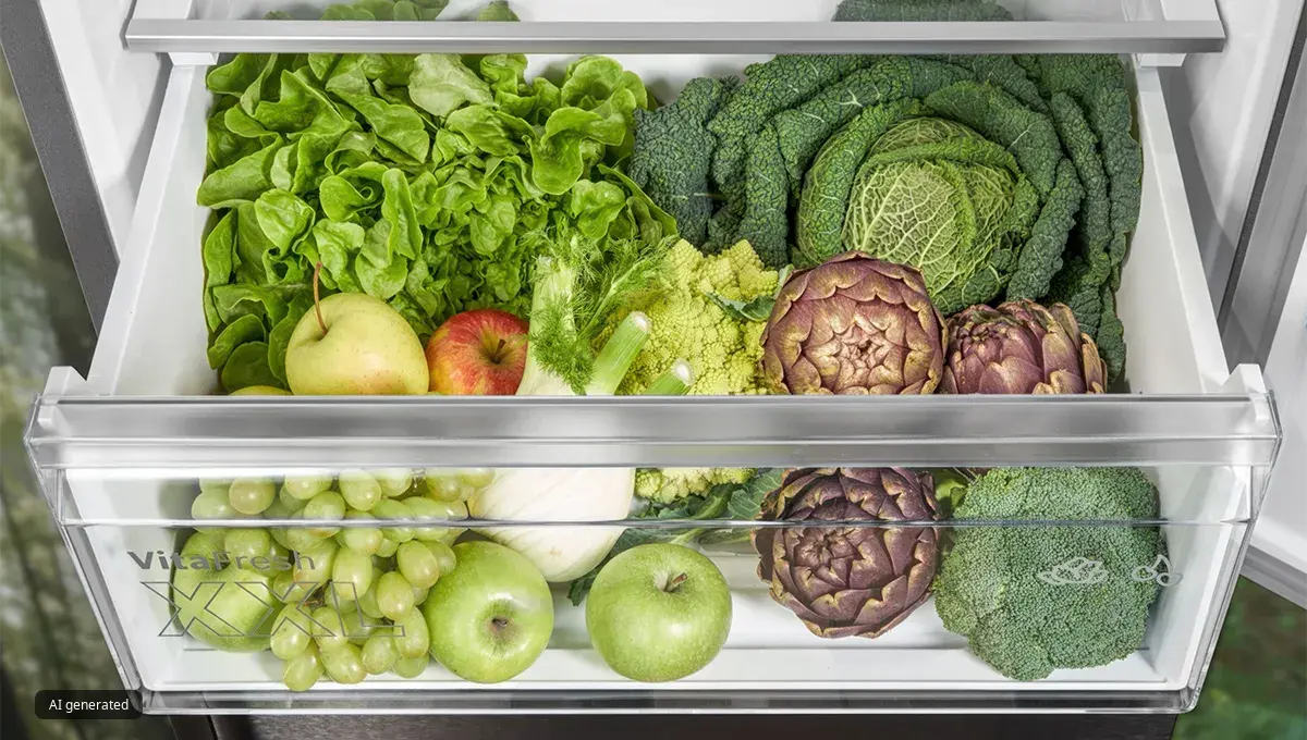 Kylskåpslåda fylld med färska gröna och lila grönsaker och frukter, inklusive sallad, äpplen, vindruvor, kronärtskockor.