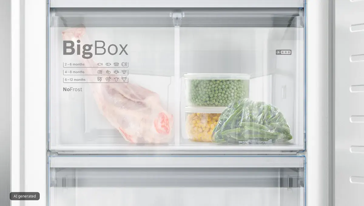 Närbild av en Bosch-frys full av kött och grönsaker. BigBox visar stor fryskapacitet.